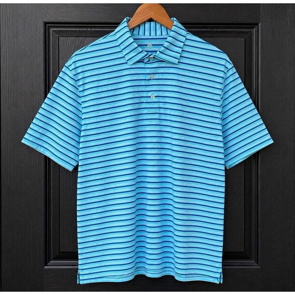 Southern Tide Men’s L Blue Green Striped Polo Short Sleeve Stretch Fish Golf